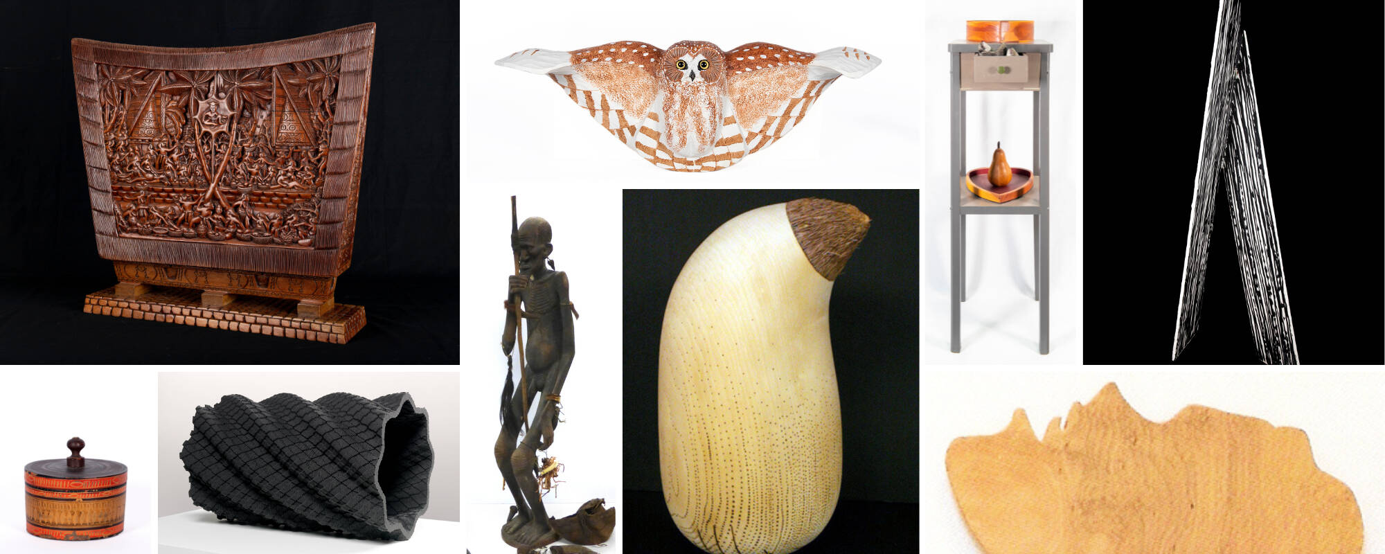 Collage of nine different works of art from the GVSU Art Museum Collection that showcase different works of art made of wood.